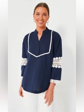 Tuckernuck Piper Lace Deep Navy Blue Woven Top S Boho Cottagecore